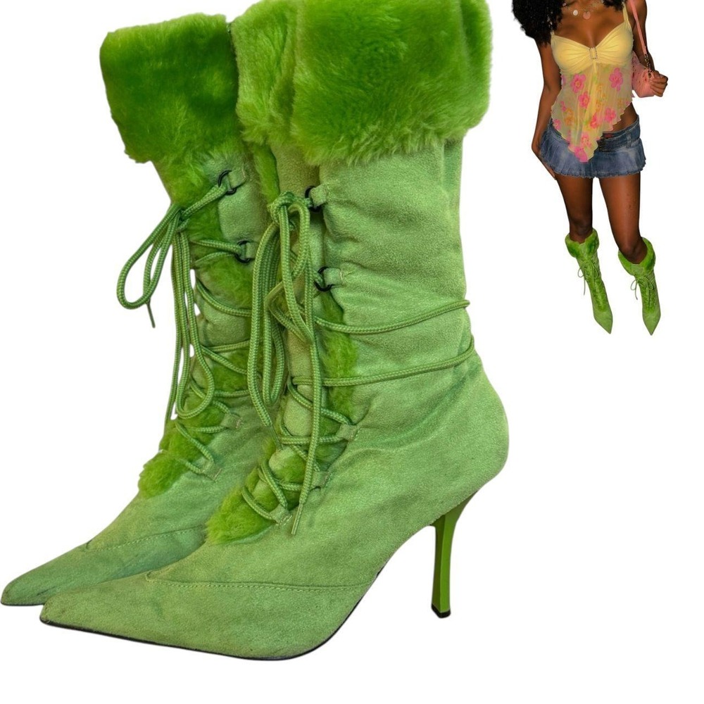 RARE GRAIL 90'S VTG. SPLASH LACE UP FUR POINTED TOE BOOTS 8.5 EUC - Picture 4 of 7